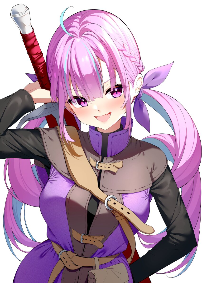 1girl absurdres ahoge belt blue_hair blush braid breasts brown_belt brown_cape cape colored_inner_hair cowboy_shot darjeeling_(reley) fang hair_ribbon hand_up highres holding holding_sword holding_weapon hololive large_breasts long_hair looking_at_viewer minato_aqua multicolored_hair open_mouth purple_eyes purple_hair purple_ribbon ribbon shoulder_belt simple_background skin_fang solo streaked_hair sword sword_on_back twintails two-tone_hair virtual_youtuber warrior weapon weapon_on_back white_background
