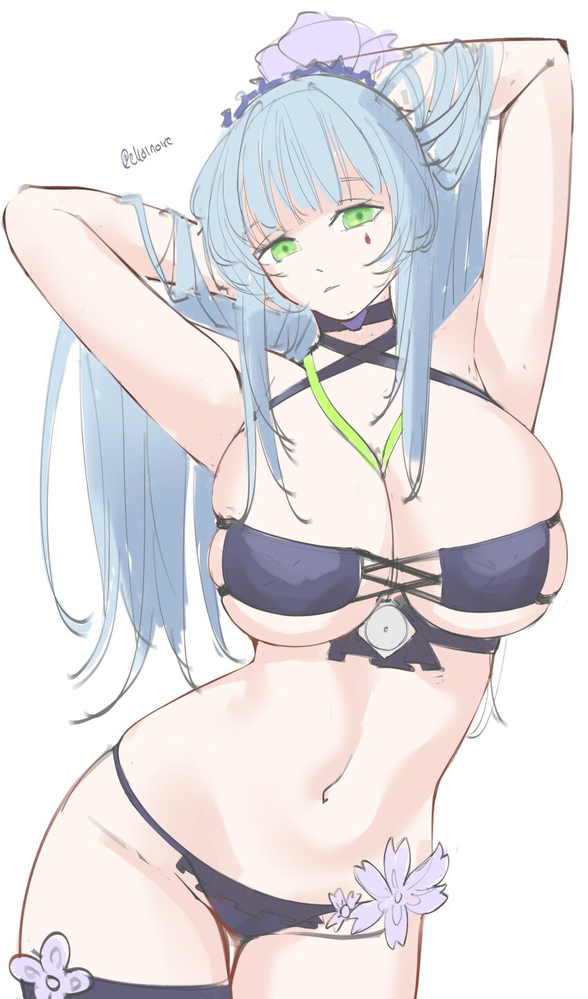 1girl absurdres bikini black_bikini breasts elloinoire girls&#039;_frontline girls&#039;_frontline_2:_exilium highres hk416_(girls&#039;_frontline) klukai_(girls&#039;_frontline_2) large_breasts official_alternate_costume simple_background solo swimsuit tattoo teardrop teardrop_facial_mark teardrop_tattoo white_background