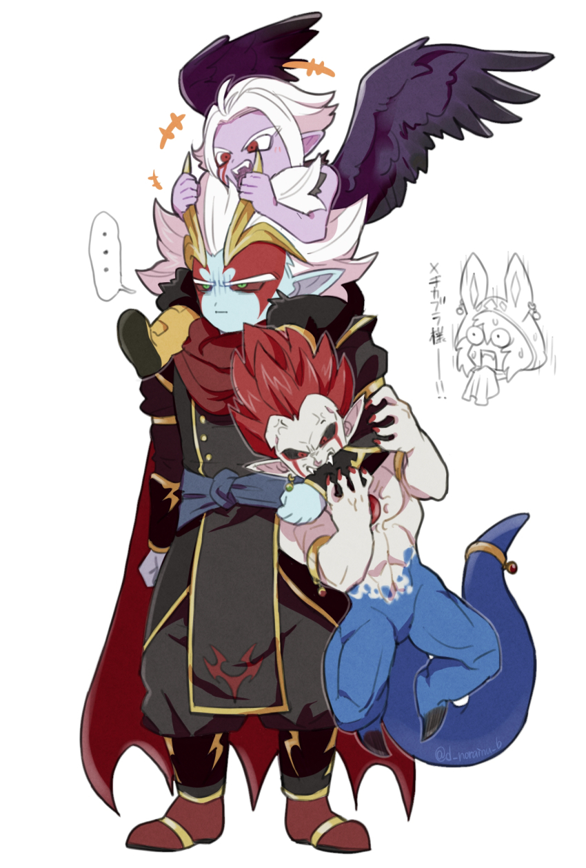 ... 4boys :d aged_down alternate_form anger_vein aqua_skin armlet biting_another&#039;s_arm black_pants black_robe black_sclera black_wings blue_sash blue_skin bracer buttons cape chest_jewel colored_sclera colored_skin commentary_request crown d_norainu_b demigra demon_boy double-breasted dragon_ball dragon_ball_heroes facial_mark fangs feathered_wings floating_hair fu_(dragon_ball) gem gold_armlet gold_trim green_eyes green_gemstone grey_shirt highres jewelry jitome long_hair male_focus mechikabura monster_boy multicolored_skin multicolored_wings multiple_boys muscular muscular_male official_alternate_design open_mouth pants pointy_ears purple_wings red_cape red_eyes red_gemstone red_hair red_nails red_sclera red_shoes robe salsa_(dragon_ball) sash shirt shoes short_hair smile speech_bubble spiked_hair spoken_ellipsis tail torn_clothes torn_shirt transformation translation_request twitter_username unamused velcro_footwear white_background white_skin wings yellow_shoes