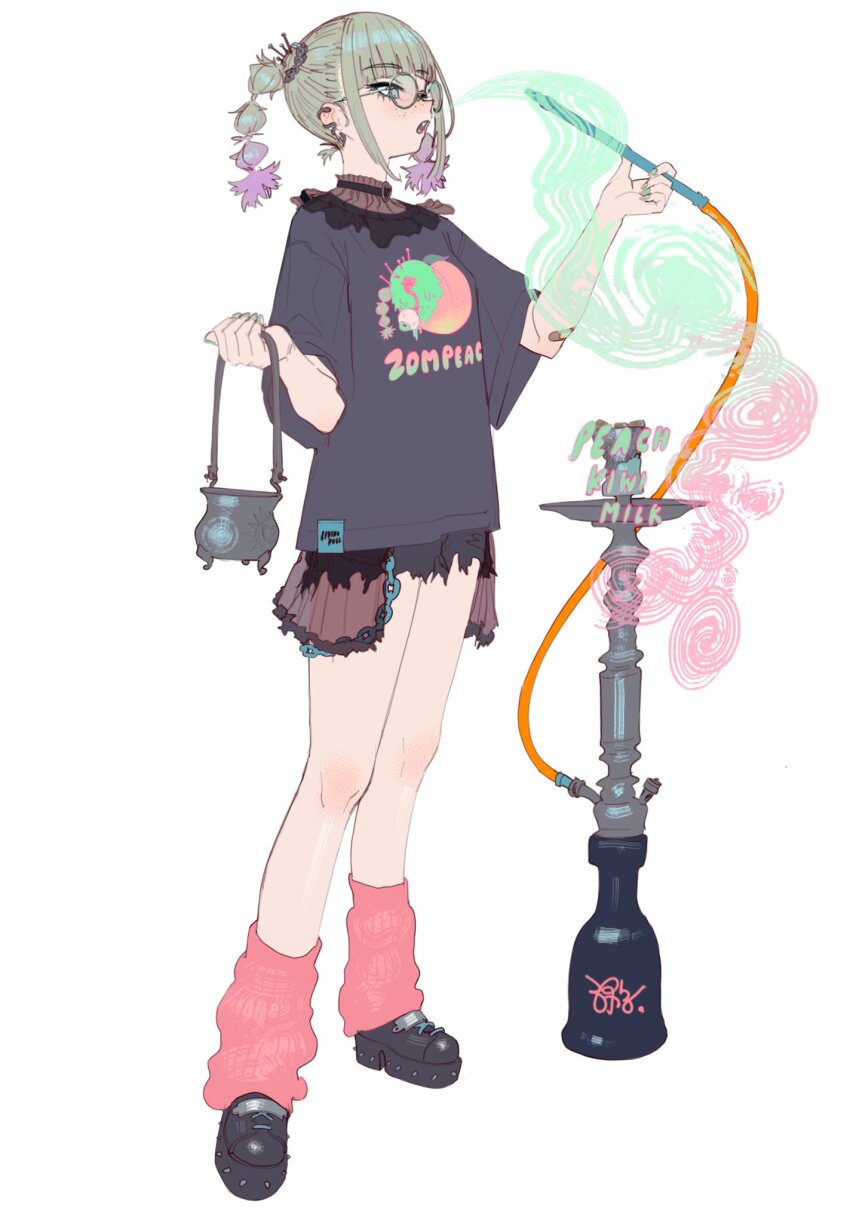 1girl bad_id bad_twitter_id black_shirt black_shoes black_shorts freckles full_body glasses gradient_hair green_hair green_nails highres holding hookah loose_socks multi-tied_hair multicolored_hair nail_polish original pink_hair pink_socks print_shirt round_eyewear shirt shoes shorts simple_background smoking socks solo standing t-shirt white_background yu_(stdio_nameraka)