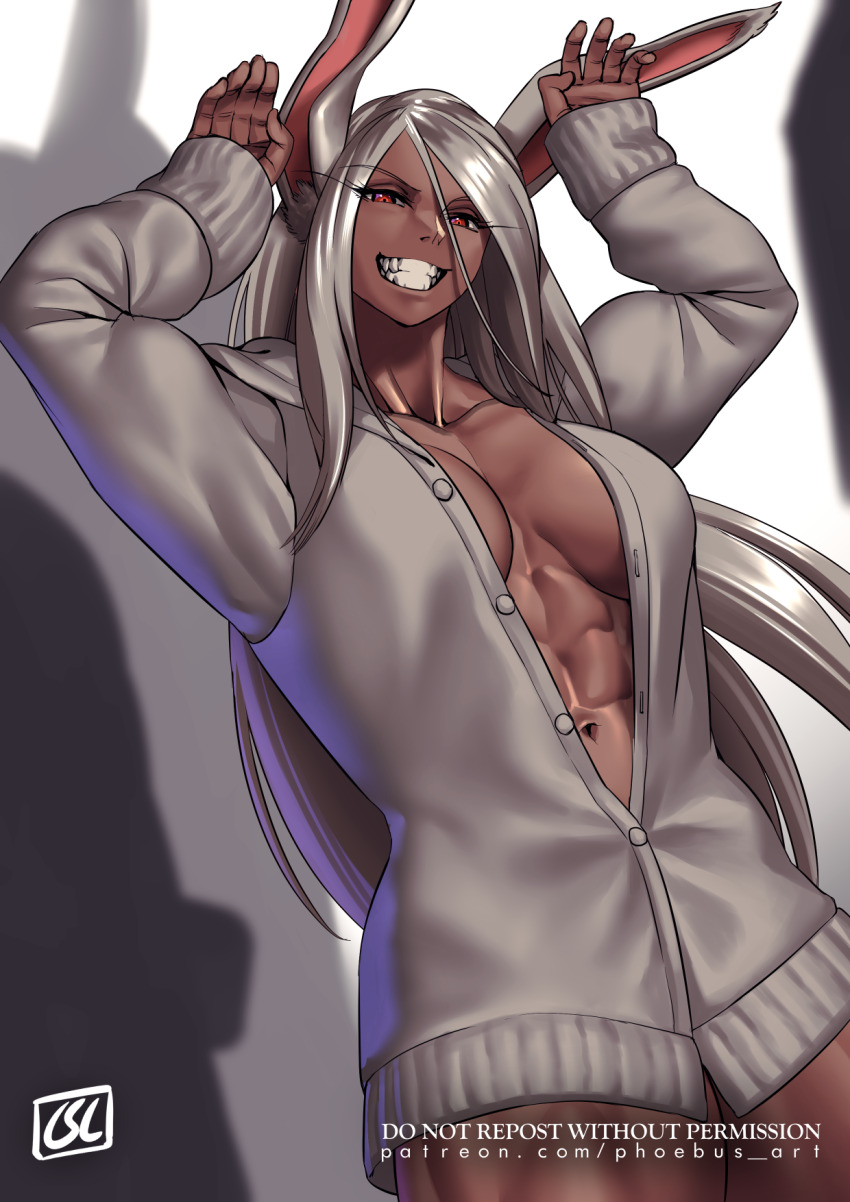 1girl :d abs animal_ears arms_up boku_no_hero_academia breasts collarbone dark-skinned_female dark_skin grey_hoodie hair_between_eyes highres hood hoodie large_breasts logo long_eyelashes long_hair looking_at_viewer mirko muscular muscular_female navel open_mouth partially_unbuttoned patreon_username phoebus_art rabbit_ears rabbit_girl rabbit_pose red_eyes shadow smile solo teeth thick_thighs thighs white_hair