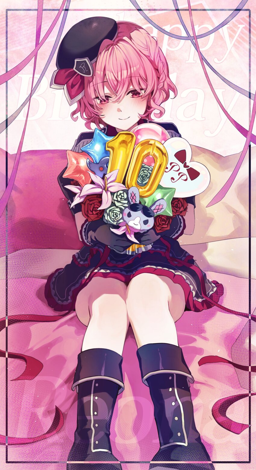 1boy absurdres balloon black_boots black_skirt blush boots bouquet braid character_name closed_mouth crossdressing crossdressing_(mtf) dohareona flower full_body happy_birthday highres holding holding_bouquet male_focus mole mole_under_eye on_bed pillow pink_eyes pink_hair pretty_series pripara puffy_short_sleeves puffy_sleeves reona_west short_hair short_sleeves sitting skirt smile solo star_(symbol) trap usagi_(pripara)