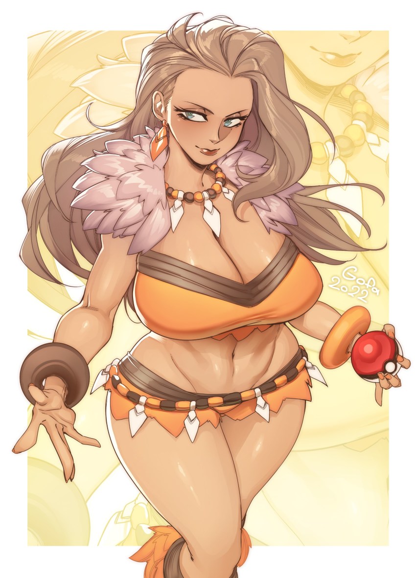 1girl absurdres alternate_breast_size alternate_hairstyle asymmetrical_hair bracelet breasts coat curvy dark-skinned_female dark_skin earrings feet_out_of_frame forehead fur gofa green_eyes hair_slicked_back highres jewelry lab_coat large_breasts light_smile nail_polish necklace nintendo orange_nails orange_shirt orange_shorts poke_ball pokemon pokemon_sv sada_(pokemon) shirt shorts solo standing tooth_necklace unworn_coat wide_hips zoom_layer