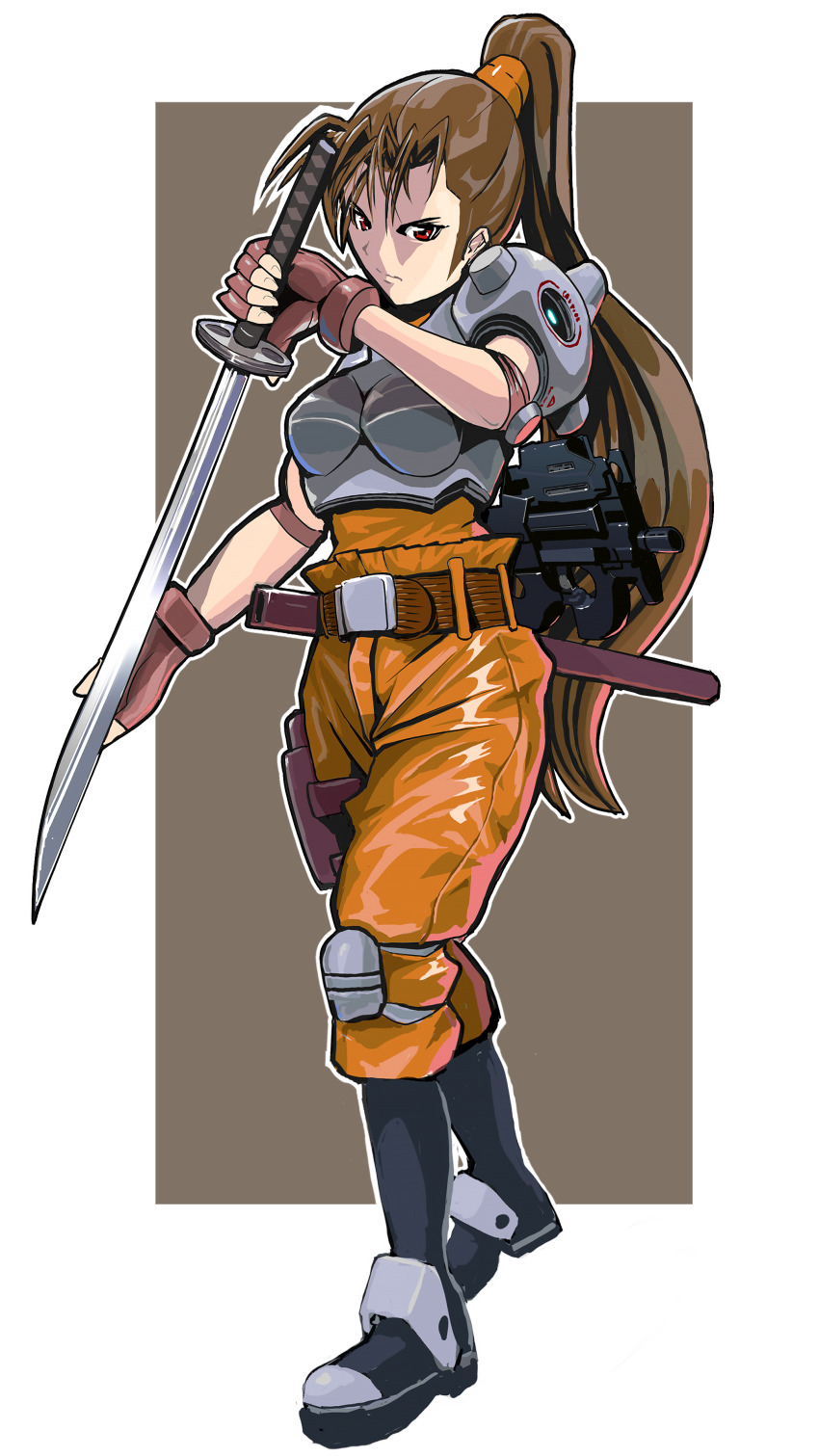 1girl absurdres alien_(series) alien_vs._predator armor belt belt_buckle boots breasts brown_hair buckle closed_mouth colonial_marine elbow_pads fingerless_gloves full_body gloves gun high_ponytail highres holding holding_sword holding_weapon katana knee_pads linn_kurosawa long_hair looking_at_viewer military military_uniform orange_pants outline pants phlogiston_drow ponytail predator_(series) red_eyes science_fiction sheath simple_background solo standing sword very_long_hair weapon white_outline