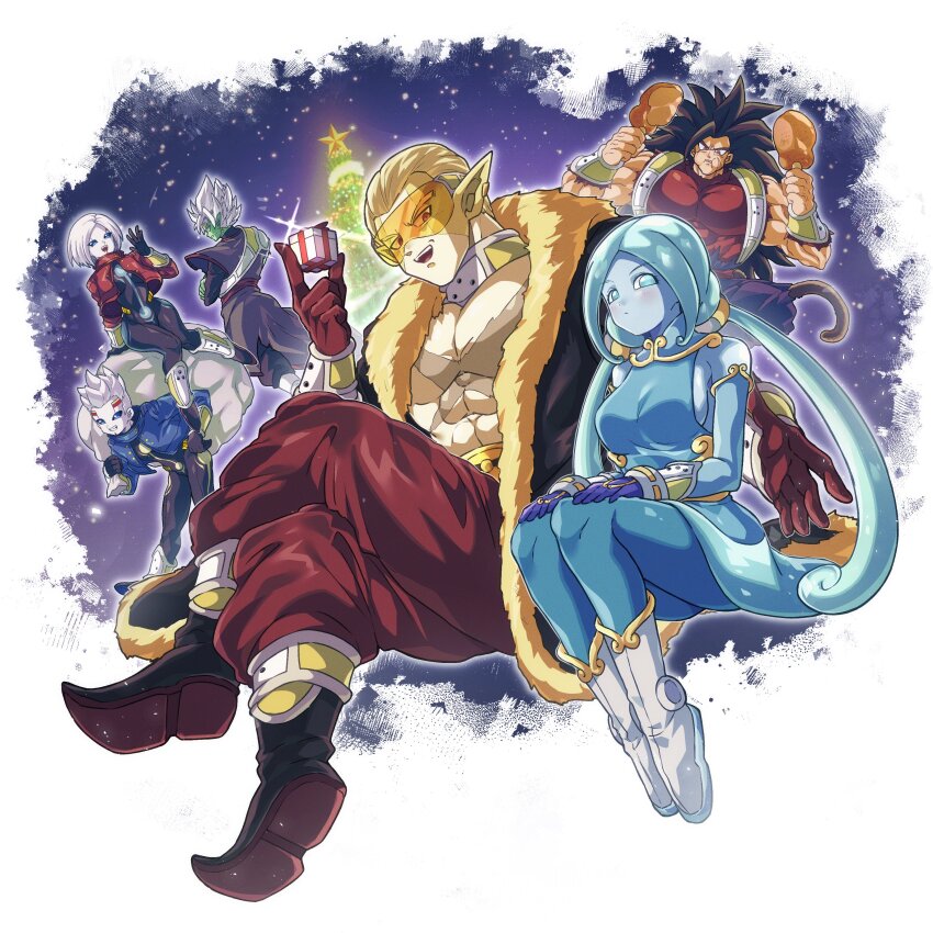 2girls 4boys abs absurdres bag bodysuit boots breasts chicken_(food) christmas coat cross_scar crossed_arms crossed_legs cumber dragon_ball dragon_ball_heroes earrings eating facial_scar food fur-trimmed_coat fur_trim fused_zamasu gift hair_slicked_back hearts_(dragon_ball) highres holding holding_bag holding_food holding_gift invisible_chair jacket jewelry kamin_(dragon_ball) lagss large_breasts looking_at_another looking_at_viewer looking_back low_twintails monkey_boy monkey_tail multiple_boys multiple_girls muscular muscular_male open_mouth oren_(dragon_ball) otyumamii pointy_ears pointy_footwear potara_earrings profile saiyan scar scar_on_cheek scar_on_chest scar_on_face semi-rimless_eyewear short_hair siblings sideboob single_bang sitting sketch spiked_hair tail topless_male twins twintails zamasu