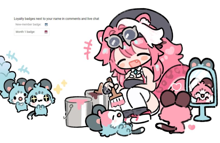 1girl animal_ears beret chattino_(raora_panthera) fang goggles goggles_on_head hat highres hololive hololive_english meopun_(meopen429) mirror paint_can paintbrush painting_(action) panther_ears panther_tail pink_hair queue raora_panthera raora_panthera_(1st_costume) sparkling_eyes tail thighhighs virtual_youtuber white_thighhighs