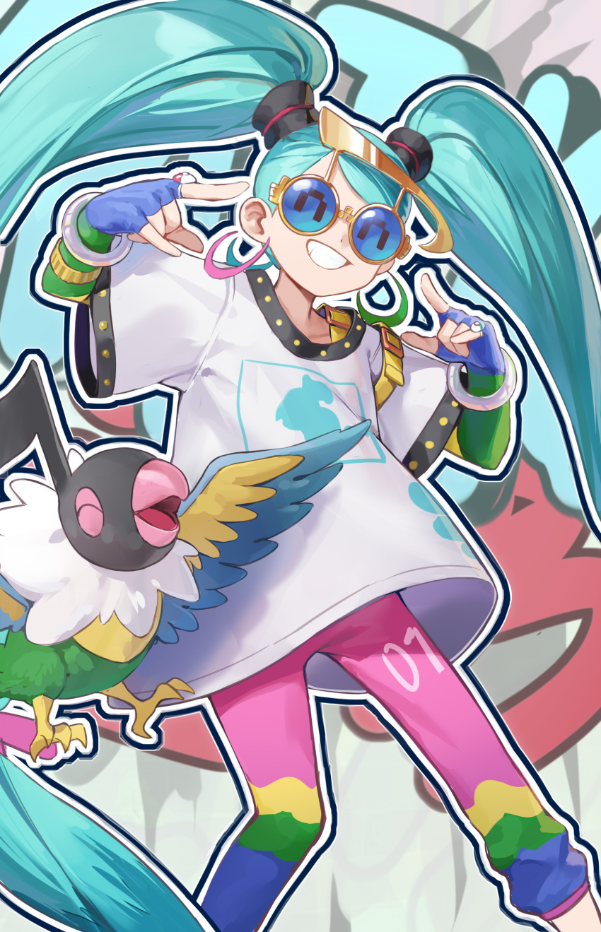 1girl ^_^ absurdres bird blue_gloves capri_pants chatot chinese_commentary closed_eyes commentary_request crossover fingerless_gloves gen_4_pokemon gloves green_hair grin hands_up happy hatsune_miku highres jewelry long_hair nintendo normal_miku_(project_voltage) outline pants pink_pants pokemon pokemon_(creature) project_voltage ring shirt short_sleeves smile soeyumi sunglasses teeth twintails vocaloid white_shirt