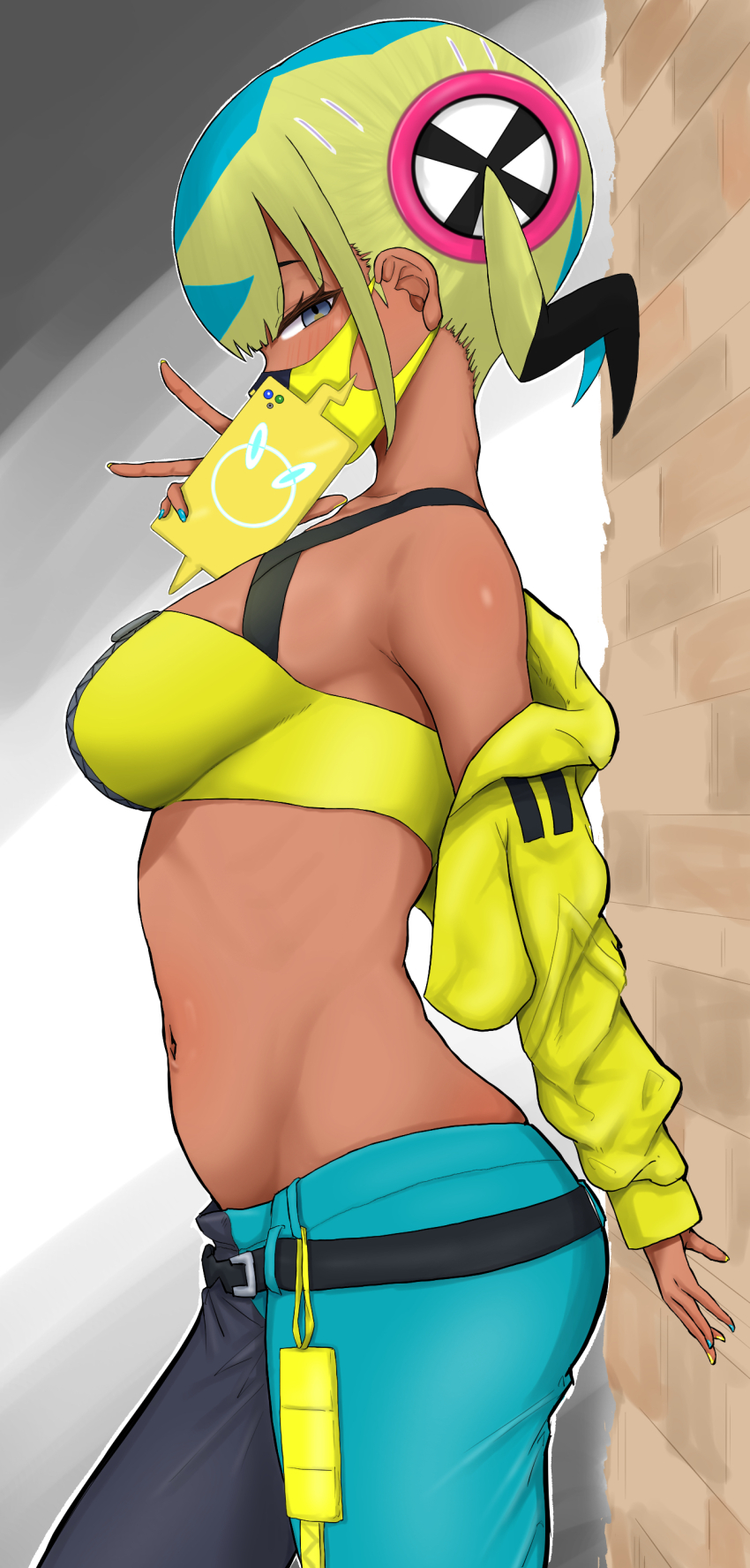 1girl absurdres ass bad_proportions blonde_hair blue_eyes breasts canari_(pokemon) cellphone dark-skinned_female dark_skin from_side gen_4_pokemon guruseiyu highres holding holding_phone jacket looking_at_viewer medium_breasts midriff multicolored_hair nintendo phone pokemon pokemon_legends:_z-a rotom rotom_phone smartphone solo stomach two-tone_hair v yellow_jacket