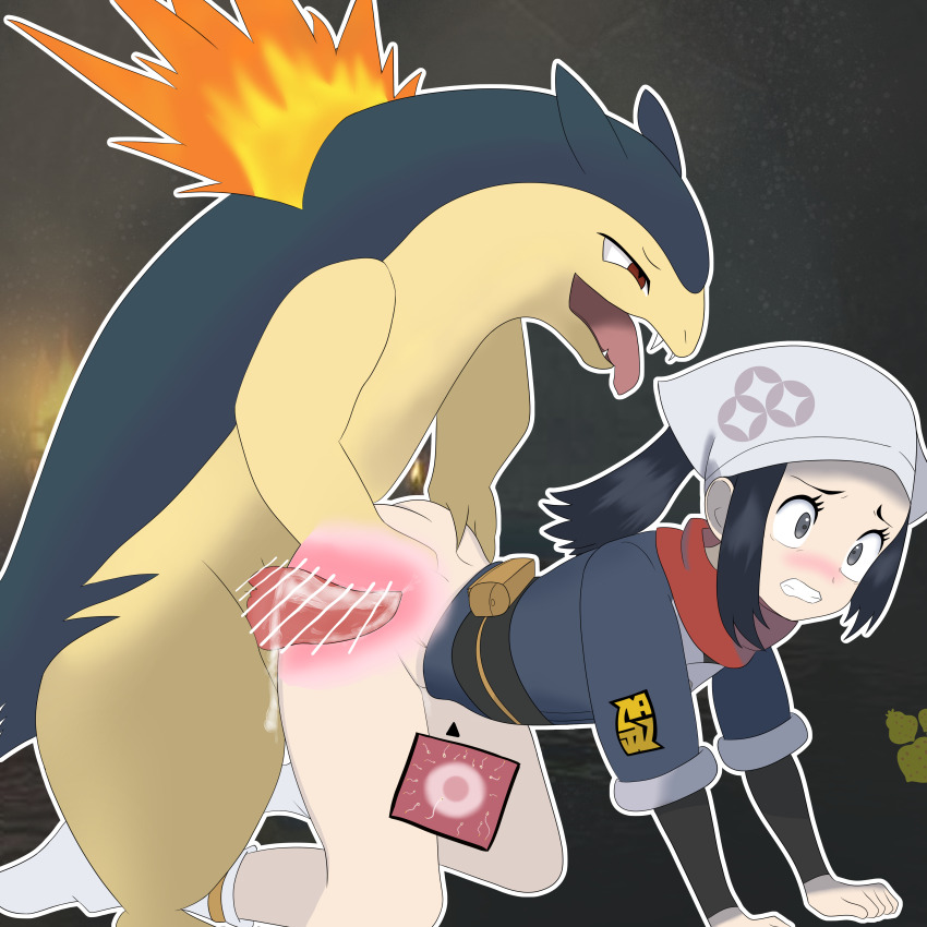 1boy 1girl absurdres akari_(pokemon) animal_penis bar_censor bestiality blush bottomless buruberidesu censored clenched_teeth cum cum_in_pussy cum_overflow doggystyle ejaculation fire full_body furry gen_2_pokemon grey_background grey_eyes hand_on_another&#039;s_ass hat highres impregnation internal_cumshot japanese_clothes nintendo obi obijime open_mouth ovum penis pokemon pokemon_(creature) pokemon_legends:_arceus pokephilia ponytail red_scarf sash scarf sex sex_from_behind sidelocks socks sperm_cell teeth tongue tongue_out typhlosion white_hat white_socks wide-eyed x-ray