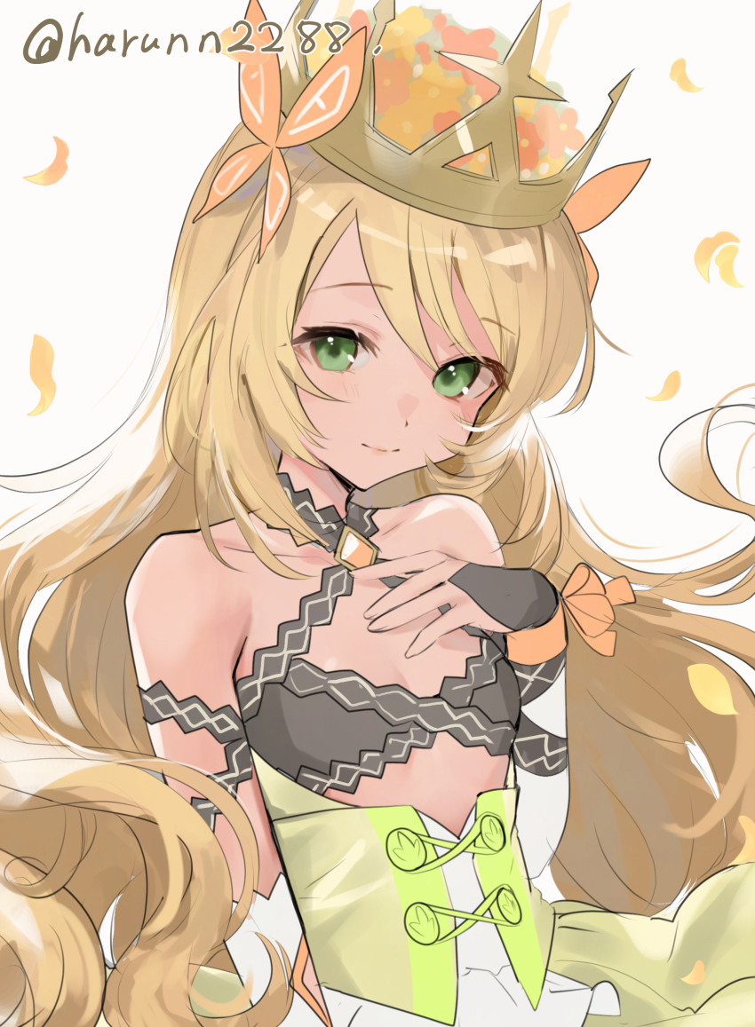 1girl bare_shoulders blonde_hair bow breasts butterfly_hair_ornament celine_(fire_emblem) cleavage closed_mouth cross-laced_clothes cross-laced_dress crown dress dress_bow fire_emblem fire_emblem_engage flower gem green_eyes hair_ornament haru_(nakajou-28) highres long_hair looking_at_viewer nintendo orange_bow orange_gemstone princess small_breasts smile solo upper_body very_long_hair wrist_bow yellow_dress