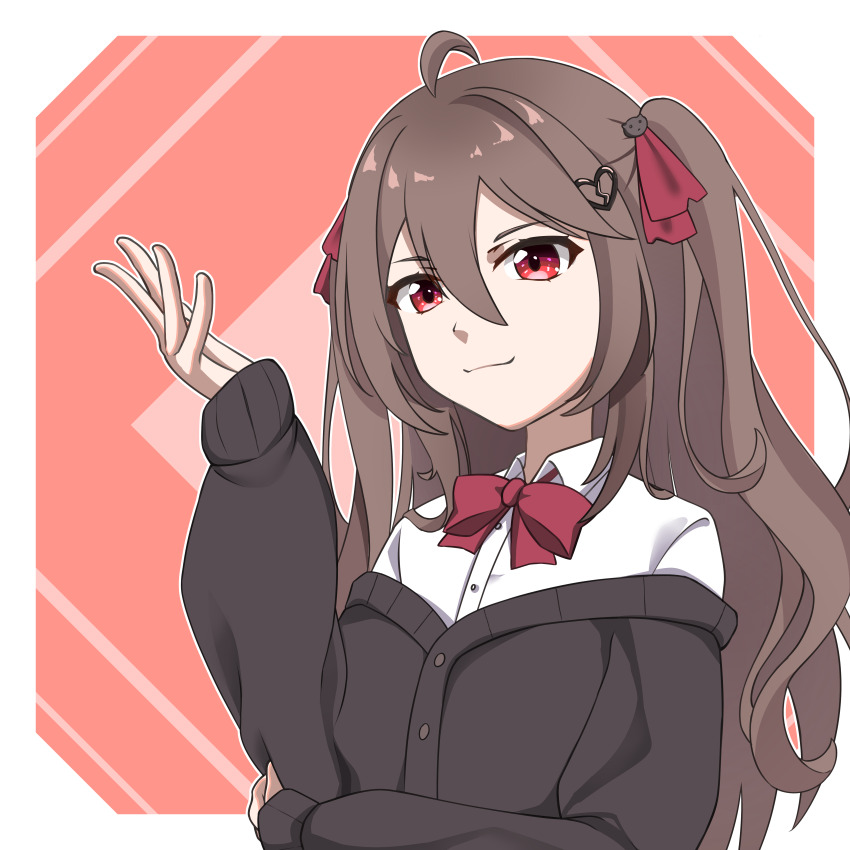:3 absurdres ahoge arm_across_waist border bow broken_heart broken_heart_hair_ornament brown_hair brown_sweater buttons cat_hair_ornament closed_mouth collared_shirt commentary dot_nose english_commentary evil_neuro-sama flat_chest hair_ornament hair_over_shoulder hair_ribbon hand_up heart highres indie_virtual_youtuber long_hair long_sleeves looking_at_viewer medium_eyebrows neuro-sama off_shoulder outside_border pink_background red_bow red_eyes red_ribbon ribbed_trim ribbon shirt sidelocks simple_background sleeves_past_wrists sweater two_side_up upper_body virtual_youtuber white_border white_shirt wlldsake