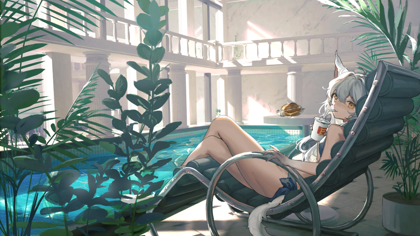 1girl absurdres ahoge alchemy_stars animal_ears animal_hands bikini blue_bikini body_fur burger cat_ears cat_girl cat_tail chair crossed_legs cup disposable_cup drinking food highres holding holding_cup indoors long_hair looking_at_viewer looking_to_the_side lounge_chair mira_(345toron) philyshy_(alchemy_stars) plant pool poolside potted_plant reclining solo swimsuit table tail white_hair yellow_eyes yumi_(alchemy_stars)