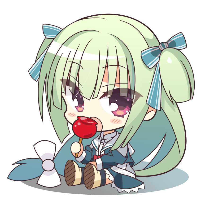 1girl :o absurdres blue_bow blunt_bangs blunt_ends blush_stickers bow candy candy_apple chibi commentary_request eating eyes_visible_through_hair food frilled_skirt frills green_hair green_jacket green_skirt hair_bow hand_up highres hime_cut holding holding_candy holding_food jacket kaon_zz long_hair long_sleeves low-tied_long_hair murasame_(senren) official_alternate_costume open_mouth red_eyes sailor_collar school_uniform senren_banka serafuku sidelocks simple_background sitting skirt solo tsurime two_side_up very_long_hair white_background white_bow white_sailor_collar