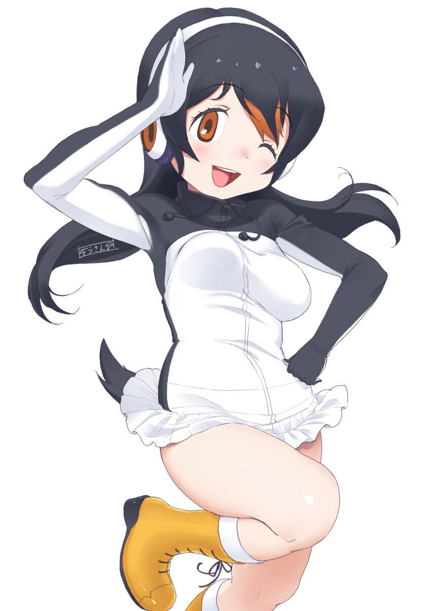 black_hair blush boots breasts brown_eyes gentoo_penguin_(kemono_friends) hair_between_eyes hair_over_one_eye headphones highres hood jacket kemono_friends large_breasts long_hair long_sleeves looking_at_viewer masuyama_ryou multicolored_hair open_mouth orange_boots orange_hair skirt smile tail waving