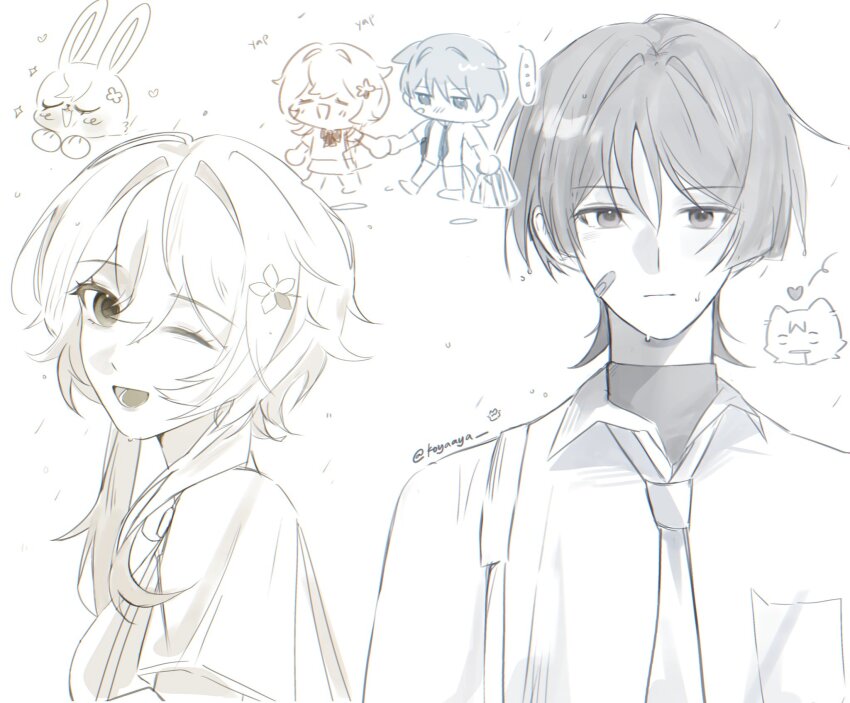 ... 1boy 1girl alternate_costume animalization bag bandaid bandaid_on_face blunt_ends blush bow breast_pocket cat closed_eyes closed_mouth collared_shirt contemporary expressionless eyelashes facing_to_the_side flower genshin_impact hair_between_eyes hair_intakes hair_ornament hairclip heart highres holding holding_hands holding_jacket holding_unworn_clothes jacket koyaaya large_bow looking_at_another looking_at_viewer lower_teeth_only lumine_(genshin_impact) monochrome necktie open_mouth person_and_animalization pocket rabbit scaramouche_(cat)_(genshin_impact) scaramouche_(genshin_impact) school_uniform shirt short_hair short_hair_with_long_locks short_sleeves shoulder_bag sidelocks sound_effects spoken_ellipsis sweat teeth tongue tsurime undershirt unworn_jacket wispy_bangs