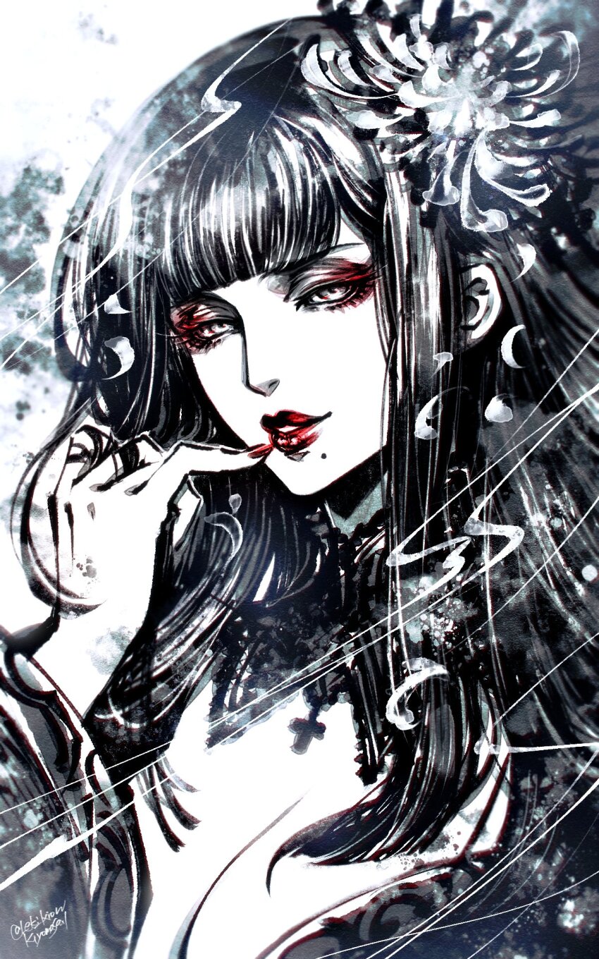 1girl breasts cleavage eyeshadow final_fantasy final_fantasy_xiv flower hair_flower hair_ornament highres hyur lace_collar leki_ixion long_hair looking_at_viewer makeup mole mole_under_mouth nail_polish parted_lips portrait red_eyeshadow red_lips red_nails signature smile solo spot_color twirling_hair yotsuyu_goe_brutus