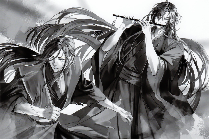 2boys chinese_clothes closed_mouth coat dizi fighting_stance floating_hair flute flute_tassel greyscale hair_down hair_over_one_eye hair_ribbon half_updo hanfu highres holding holding_flute holding_instrument instrument long_hair long_sleeves looking_at_viewer male_focus mg_ms_dayo modao_zushi monochrome multiple_boys music official_alternate_costume official_alternate_hairstyle official_art open_clothes open_coat playing_flute playing_instrument ribbon robe sash smile smoke standing tassel third-party_source torn_clothes transverse_flute veins veiny_arms veiny_face very_long_hair wei_wuxian wei_wuxian_(yiling_laozu) wen_ning wide_sleeves zombie