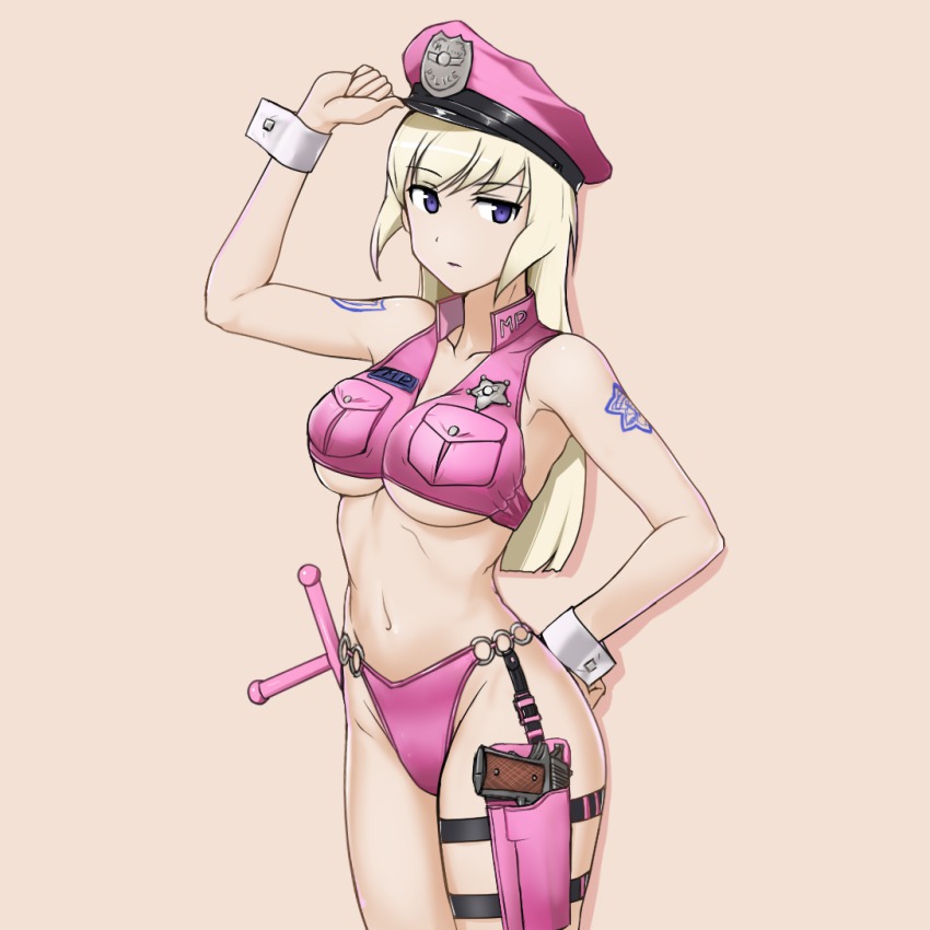 1girl adapted_uniform aegis_(theoryiv) bare_shoulders baton bikini bikini_bottom_only blonde_hair breasts collarbone crop_top crossdraw_holster female_focus gun hand_on_own_hip handgun hat holster large_breasts long_hair marian_e._carl md5_mismatch navel noble_witches o-ring o-ring_bottom pink_bikini pistol police_badge police_hat purple_eyes solo strike_witches swimsuit tattoo underboob weapon world_witches_series wrist_cuffs