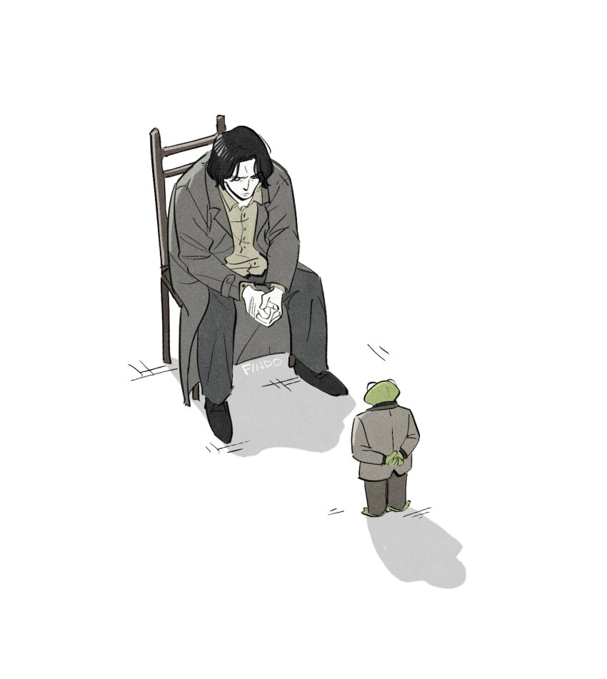 2boys arms_behind_back artist_name black_footwear black_hair closed_eyes closed_mouth coat collared_shirt commentary crossover english_commentary facing_another findoworld frog_boy from_above grey_coat grey_jacket grey_pants grey_shirt highres jacket kermit_the_frog long_sleeves looking_down male_focus mini_person miniboy monster_(manga) multiple_boys muppets on_chair own_hands_together pants shirt shoes short_hair sitting standing tenma_kenzou white_background wide_shot
