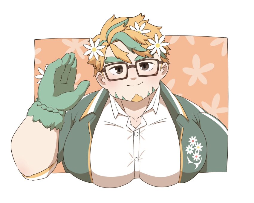1boy bara cropped_torso facial_hair floral_background flower fukafukaonigiri glasses gloves goatee green_hair hair_flower hair_ornament highres hippolytus_(housamo) jacket large_pectorals male_focus multicolored_hair muscular muscular_male pectorals puffy_chest short_hair sideburns_stubble smile solo streaked_hair stubble thick_eyebrows tokyo_houkago_summoners track_jacket two-tone_beard waving