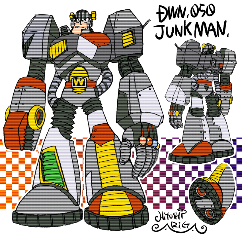 &gt;:( 1boy android ariga_hitoshi armor artist_name asymmetrical_footwear belt blue_gemstone boots broken_helmet brown_belt character_name reference_sheet checkered_background closed_mouth colored_shoe_soles commentary_request concept_art from_behind full_body gem gradient_background grey_armor helmet highres industrial_pipe joints junk_man knee_boots looking_ahead looking_at_viewer male_focus mega_man_(classic) mega_man_(series) mega_man_7 mega_man_megamix mismatched_footwear multiple_views no_humans object_through_head orange_background pink_gemstone pliers purple_background red_eyes red_gemstone robot robot_ears robot_joints scanlines screw screw_in_head shoe_soles signature simple_background standing straight-on teeth turnaround uneven_eyes uneven_footwear v-shaped_eyebrows weapon white_background yellow_gemstone