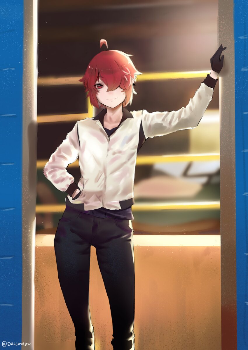 1girl absurdres ahoge black_gloves black_pants cosplay deccatezu drive_(movie) driver_(drive) driver_(drive)_(cosplay) earrings gloves highres jacket jewelry movie_reference original pants parody red_eyes red_hair saya_(deccatezu) short_hair solo solo_focus white_jacket