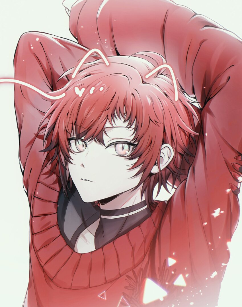 1boy ahoge animal_ears arms_up black_choker cat_ears choker colored_skin commentary commission curtained_hair expressionless highres holostars holostars_english light_particles long_sleeves looking_at_viewer machina_x_flayon male_focus orange_eyes parted_lips portrait red_hair red_sweater second-party_source shin_diena side_part simple_background slit_pupils solo sweater symbol-only_commentary virtual_youtuber white_background white_skin