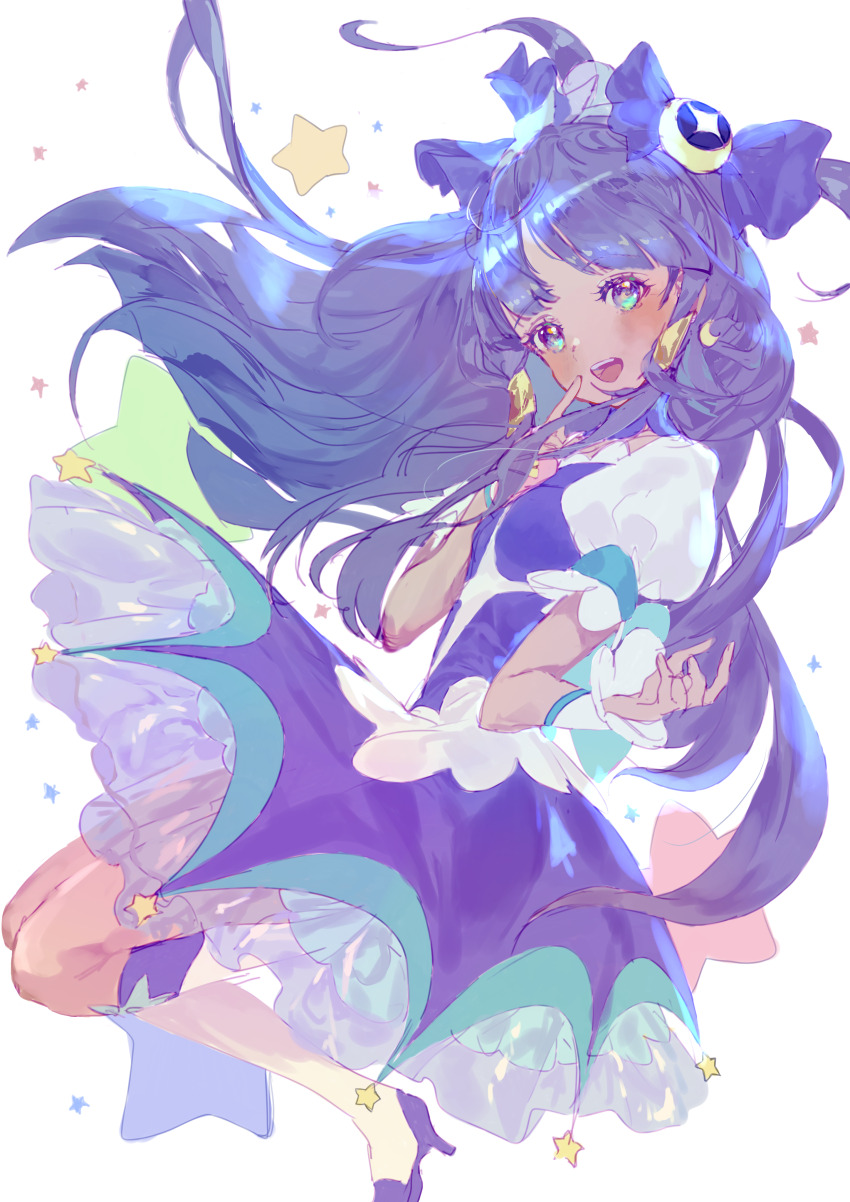 1girl :d absurdres bow brooch circle_skirt cure_selene dress earrings floating_hair hair_bow high_heels highres jewelry kaguya_madoka kneehighs long_hair looking_at_viewer magical_girl open_mouth petticoat precure puffy_short_sleeves puffy_sleeves purple_dress purple_eyes purple_hair seika_(yuimarutoka0219) shoes short_sleeves simple_background sketch smile socks solo star_(symbol) star_twinkle_precure teeth upper_teeth_only white_background white_socks wrist_cuffs