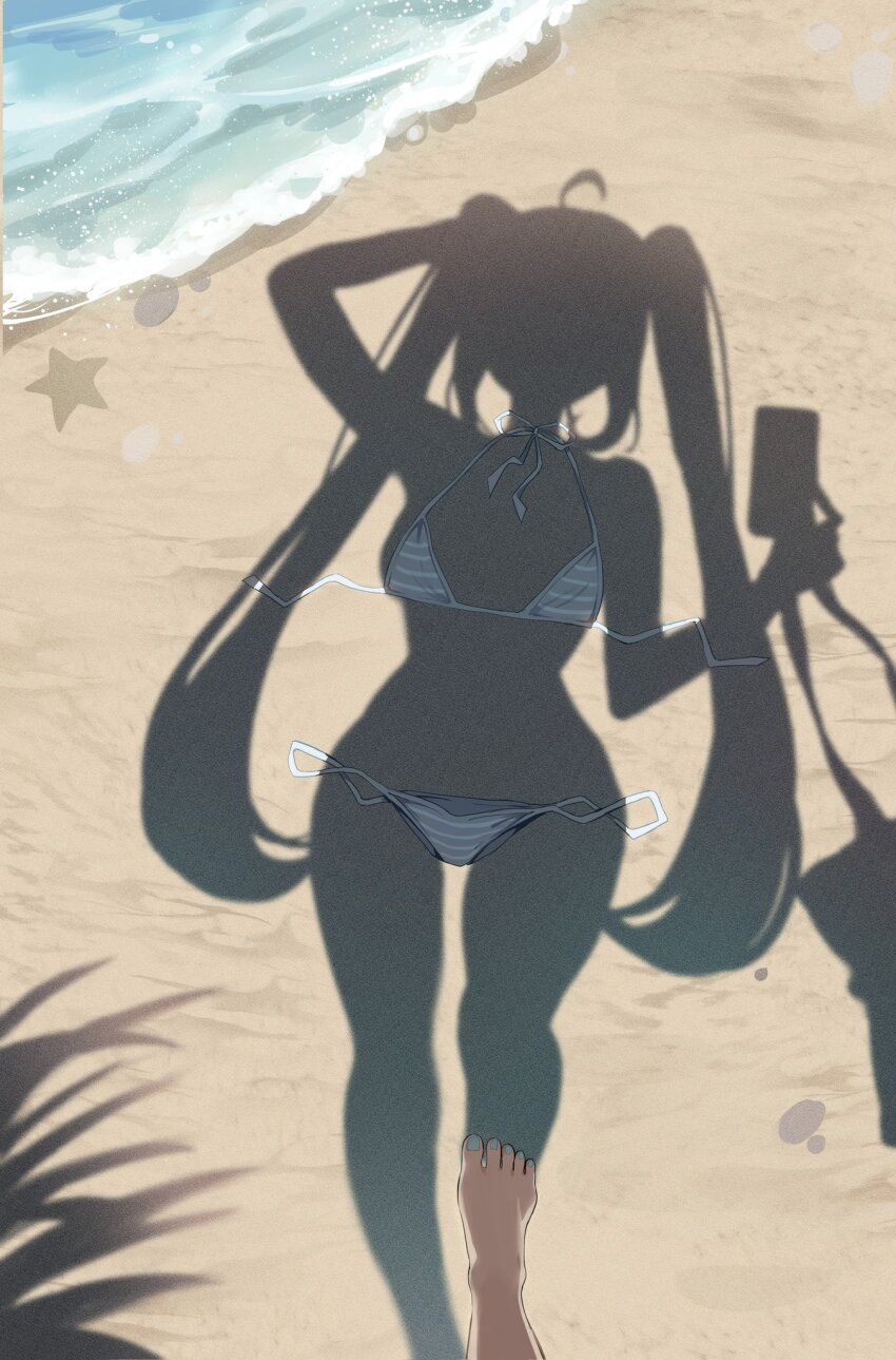 1girl barefoot beach bikini blue_nails breasts commentary day dressed_shadow_(meme) feet female_pov hatsune_miku highres holding holding_phone ien_(to_yen) implied_nudity legs long_hair meme ocean outdoors phone pov pov_legs sand shadow silhouette solo standing starfish swimsuit toenails toes twintails unworn_bikini unworn_clothes very_long_hair vocaloid water white_bikini