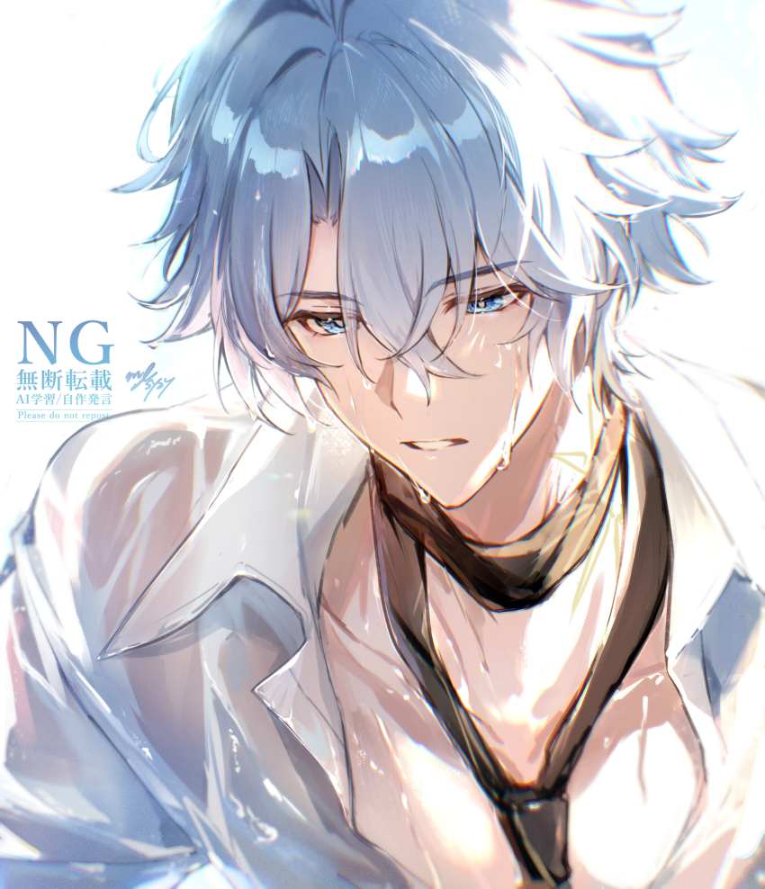 1boy antenna_hair black_necktie blue_eyes collared_shirt hashtag-only_commentary highres honkai:_star_rail honkai_(series) male_focus ml_(sysynemuru) necktie official_alternate_costume parted_bangs partially_unbuttoned pectoral_cleavage pectorals phainon_(anan)_(honkai:_star_rail) phainon_(honkai:_star_rail) see-through_clothes see-through_shirt shirt short_hair simple_background solo watermark wet wet_clothes wet_hair wet_shirt white_background white_hair white_shirt