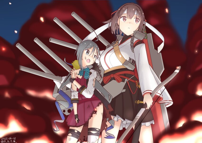 2girls ahoge aqua_bow aqua_bowtie black_gloves black_kimono bow bow_(weapon) bowtie brown_eyes brown_hair cannon coat commentary_request dress gloves grey_coat grey_eyes grey_hair grey_thighhighs hair_between_eyes halter_dress halterneck ise_(kancolle) ise_kai_ni_(kancolle) japanese_clothes kantai_collection kimono kiyoshimo_(kancolle) kiyoshimo_kai_ni_(kancolle) long_hair low_twintails multiple_girls nabetomo partially_fingerless_gloves purple_dress short_hair smoke standing thighhighs torn_clothes twintails very_long_hair weapon white_kimono