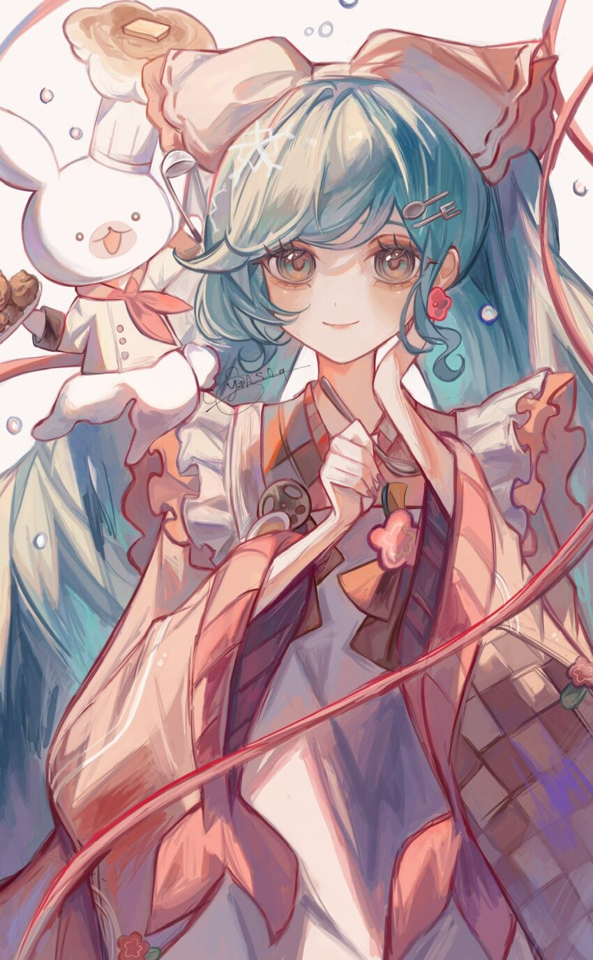 1girl animal apron bow chef_hat commentary earrings flower_earrings food fork_hair_ornament frills green_hair hair_bow hand_on_own_face hands_up hat hatsune_miku highres holding holding_plate holding_spoon japanese_clothes jewelry kappougi long_hair long_sleeves looking_at_viewer plate rabbit_yukine sidelocks simple_background single_hair_intake smile solo spoon spoon_hair_ornament standing twintails very_long_hair vocaloid white_apron white_background white_bow wide_sleeves yena_s yuki_miku yuki_miku_(2024)