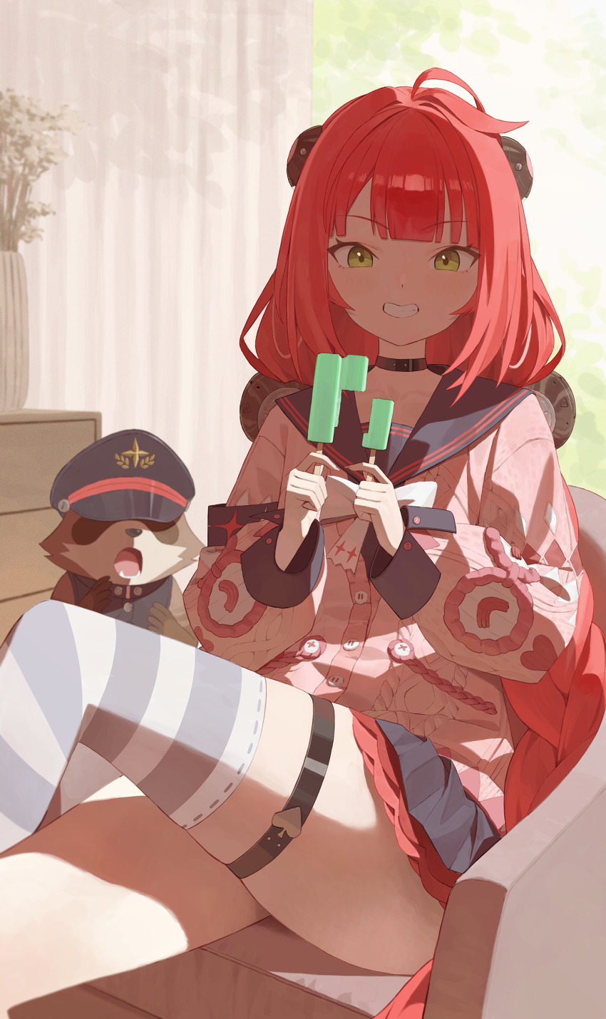 1girl absurdres black_sailor_collar black_skirt cardigan choker cro_(user_znms5733) crossed_legs double_popsicle food green_eyes grin highres holding holding_food holding_popsicle layered_skirt long_hair long_sleeves looking_at_viewer pink_cardigan pleated_skirt popsicle raccoon red_hair sailor_collar single_thighhigh sitting skirt smile solo striped_clothes striped_thighhighs thigh_strap thighhighs ukinami_yuzuha unequal_popsicle_division zenless_zone_zero