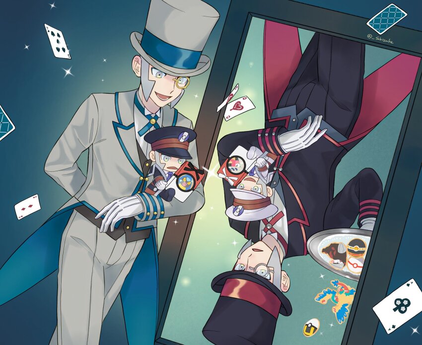 2boys archeops black_bow black_coat black_footwear black_hat black_pants black_suit black_vest blue_background blue_bow blue_bowtie blue_vest bow bowtie butler buttons card chibi coat collared_shirt cookie emmet_(pokemon) excadrill food food_packaging formal_clothes gen_5_pokemon gloves glowing grey_eyes grey_hair grey_pants grey_suit hat highres holding holding_tray ingo_(pokemon) karrablast looking_at_mirror male_focus mamezara_(sakizuke) mirror mirror_image monocle multiple_boys necktie nintendo open_mouth pants playing_card poke_ball pokemon pokemon_(creature) pokemon_bw pokemon_masters_ex red_bow red_bowtie shelmet shirt short_hair sideburns simple_background smile sparkle stuffed_toy suit top_hat tray upside-down vest white_bow white_coat white_footwear white_gloves white_hat white_shirt