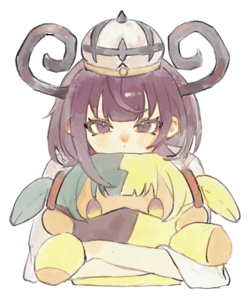 1girl bob_cut canari_plush_(pokemon) chamopichamo character_doll coat doll gwynn_(pokemon) hat highres hugging_doll hugging_object looking_at_viewer nintendo pokemon pokemon_legends:_z-a purple_eyes purple_hair short_hair solo upper_body white_background white_coat