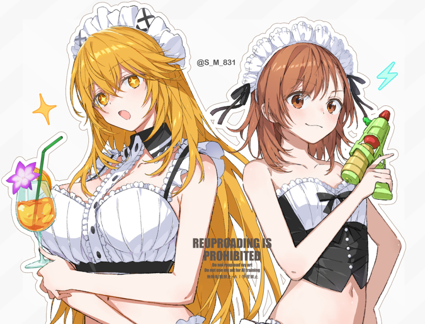 2girls bare_shoulders bikini blonde_hair breasts brown_eyes brown_hair commentary_request cup drinking_straw hair_between_eyes holding holding_cup holding_water_gun large_breasts lightning_bolt_symbol long_hair looking_at_viewer maid maid_bikini maid_headdress medium_hair misaka_mikoto multicolored_eyes multiple_girls navel official_alternate_costume s_m_831 shokuhou_misaki simple_background small_breasts smile star-shaped_pupils star_(symbol) swimsuit symbol-shaped_pupils toaru_kagaku_no_railgun toaru_majutsu_no_index two-tone_eyes unconventional_maid upper_body water_gun yellow_eyes