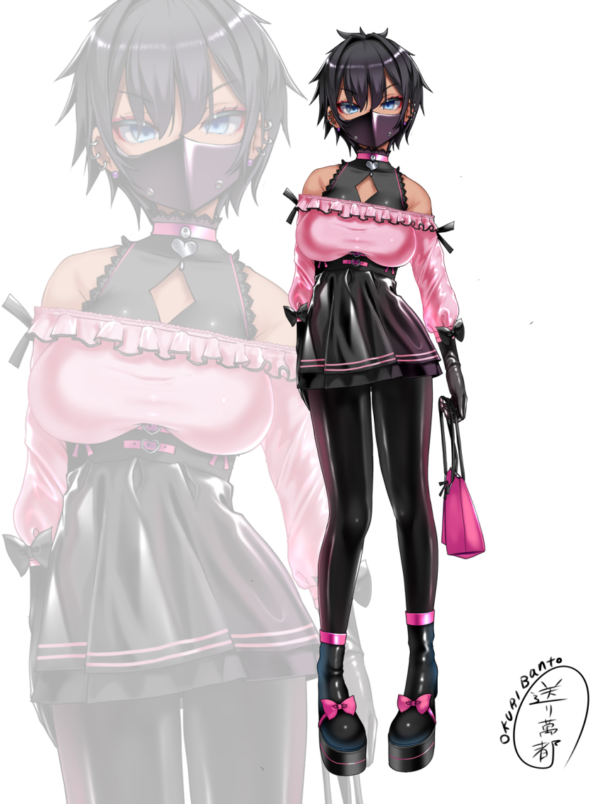 black_hair blue_eyes boots breasts ear_piercing earrings gloves hair_between_eyes high-waist_skirt highres jewelry jirai_kei large_breasts latex latex_gloves latex_legwear latex_skirt looking_at_viewer mask mouth_mask okuri_banto original piercing platform_boots short_hair skirt white_background zoom_layer