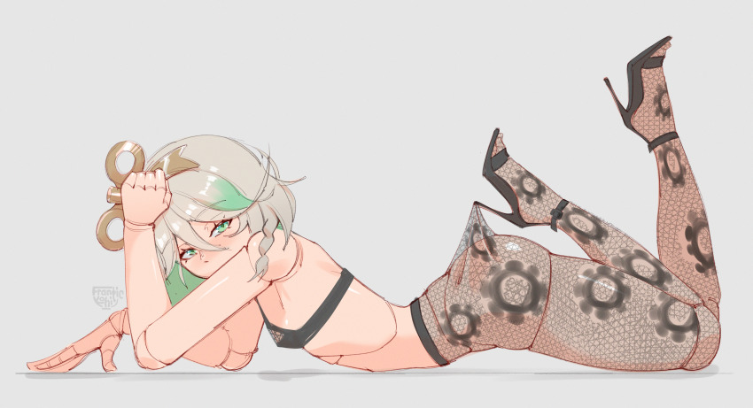 1girl absurdres alternate_costume ass black_bra black_pantyhose black_shoes bra breasts cecilia_immergreen commentary doll_joints english_commentary frantic_(frantickohi) green_eyes green_hair grey_background grey_hair hair_ornament high_heels highres hololive hololive_english joints lace_pantyhose_hooked_on_heel_(meme) looking_at_viewer lying medium_hair meme on_stomach pantyhose shoes simple_background small_breasts solo underwear variant_set virtual_youtuber winding_key