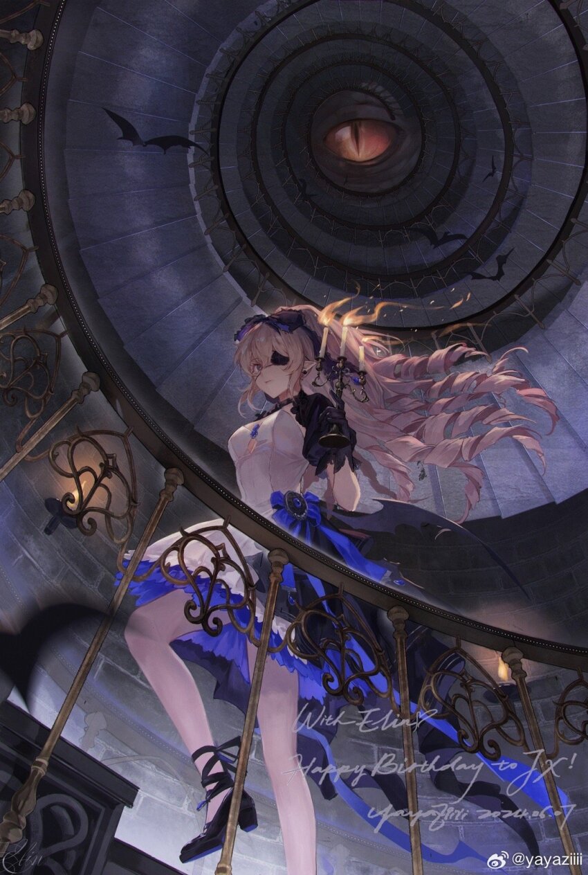1girl ankle_ribbon bat_(animal) bat_wings black_collar black_footwear black_gloves black_hairband black_ribbon black_sleeves black_wings blonde_hair bow brick_wall candle candlestand chinese_commentary closed_mouth collar commentary_request commission dated dragon dress drill_hair english_text expressionless eyelashes eyepatch fire floating_hair foot_out_of_frame frilled_dress frilled_sleeves frills gloves hair_between_eyes hair_bow hairband happy_birthday high_heels highres holding_candlestand indoors lace-trimmed_bow lace_trim leg_ribbon long_hair original pointy_ears puffy_short_sleeves puffy_sleeves purple_bow purple_eyes railing ribbon short_dress short_sleeves slit_pupils solo spiral_staircase stairs very_long_hair walking watermark weibo_watermark white_dress wings yayaziiii