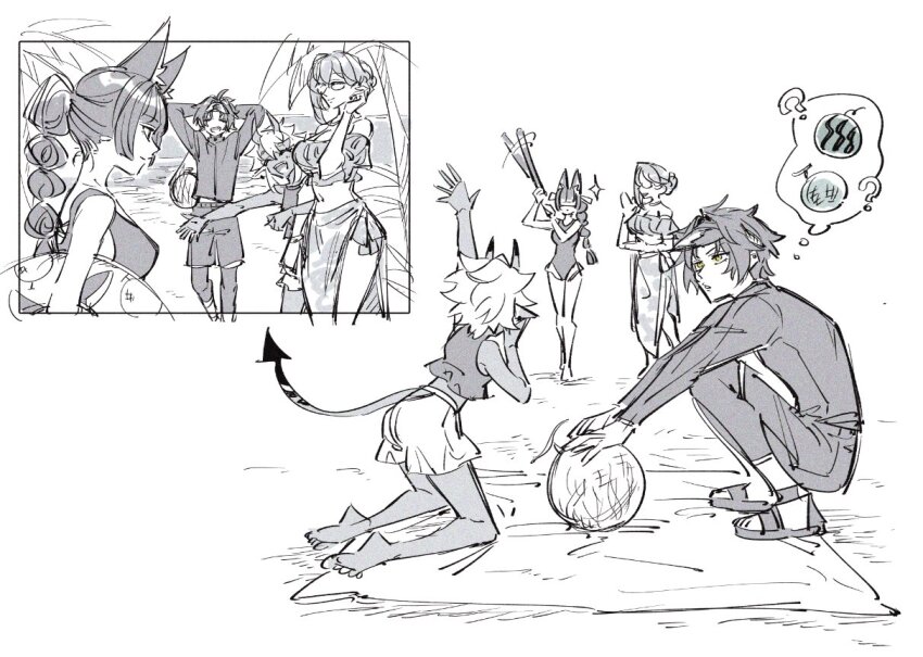 1boy 3girls ? alternate_costume alternate_hairstyle animal_ear_fluff animal_ears asaba_harumasa barefoot beach blindfold blunt_bangs bodysuit day diving_suit food fox_ears fox_girl fruit glasses greyscale hair_between_horns hair_bun horizon horns hoshimi_miyabi innertube male_swimwear melon monochrome multi-tied_hair multiple_girls offnanoda one-piece_swimsuit oni outdoors palm_tree sand sandals single_sidelock skin-covered_horns skin-covered_tail soukaku_(zenless_zone_zero) summer swim_ring swimsuit tail tree tsukishiro_yanagi two-tone_tail watermelon wetsuit zenless_zone_zero