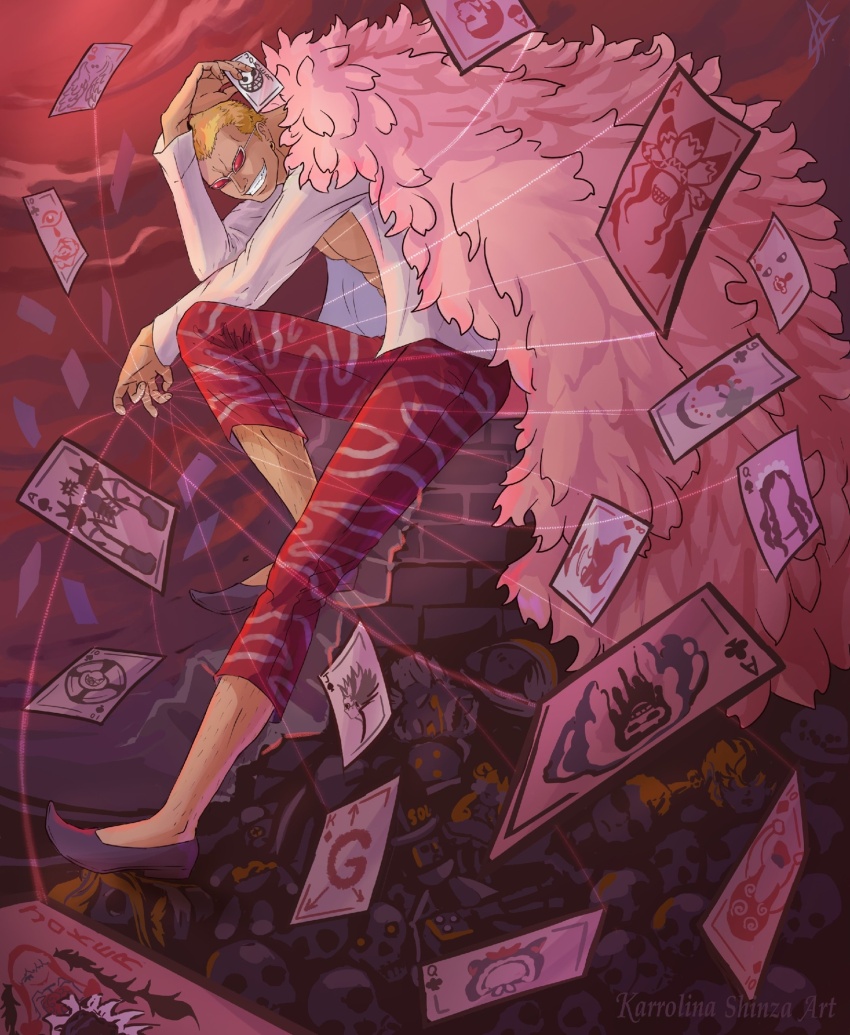 1boy artist_name baby_5 buffalo_(one_piece) capri_pants card coat diamante_(one_piece) donquixote_doflamingo donquixote_rocinante earrings feather_coat giolla gladius_(one_piece) highres holding holding_card jewelry karrolinashinza_art looking_at_viewer machvise male_focus monet_(one_piece) muscular muscular_male one_piece open_clothes pants pica_(one_piece) pink_coat shirt smile sugar_(one_piece) sunglasses thread toy trebol_(one_piece) vergo_(one_piece) white_shirt