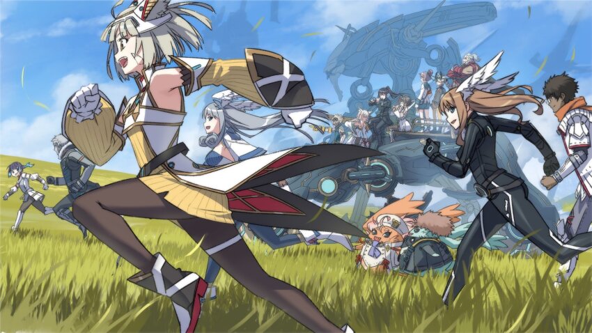 6+boys 6+girls animal_ears beard blue_sky cat_ears commentary_request crossed_arms dark-skinned_male dark_skin decoponmagi eunie_(xenoblade) facial_hair field fiona_(xenoblade) flute glasses grass head_wings highres instrument lanz_(xenoblade) manana_(xenoblade) mecha melia_antiqua mio_(xenoblade) miyabi_(xenoblade) multiple_boys multiple_girls nia_(xenoblade) noah_(xenoblade) nopon pantyhose playing_flute playing_instrument pointing riku_(xenoblade) robot running segiri_(xenoblade) sena_(xenoblade) sitting sky taion_(xenoblade) triton_(xenoblade) valdi_(xenoblade) wings xenoblade_chronicles_(series) xenoblade_chronicles_3