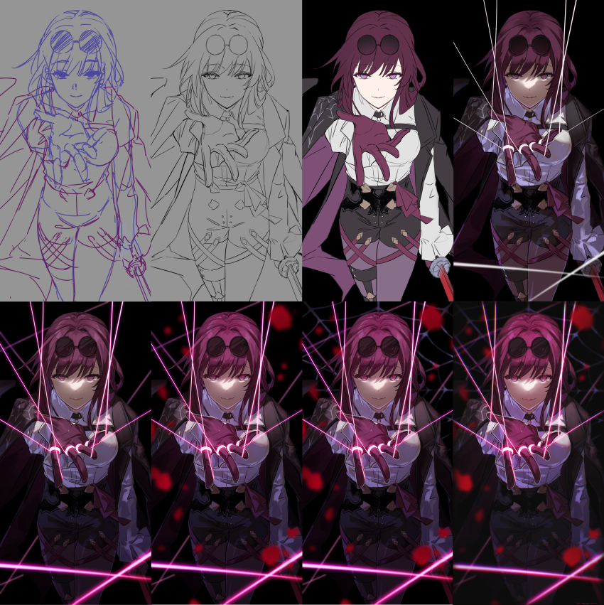 1girl absurdres black_jacket black_shorts breasts collared_shirt commentary_request cowboy_shot dated_commentary eyewear_on_head glasses gloves hair_intakes hand_up high-waist_shorts highres honkai:_star_rail honkai_(series) jacket kafka_(honkai:_star_rail) large_breasts long_hair making-of open_clothes open_jacket pantyhose pantyhose_under_shorts pince-nez purple_eyes purple_gloves purple_hair purple_pantyhose round_eyewear shirt shorts smile solo spider_web_print standing string sunglasses white_shirt yama_ta_yomogi