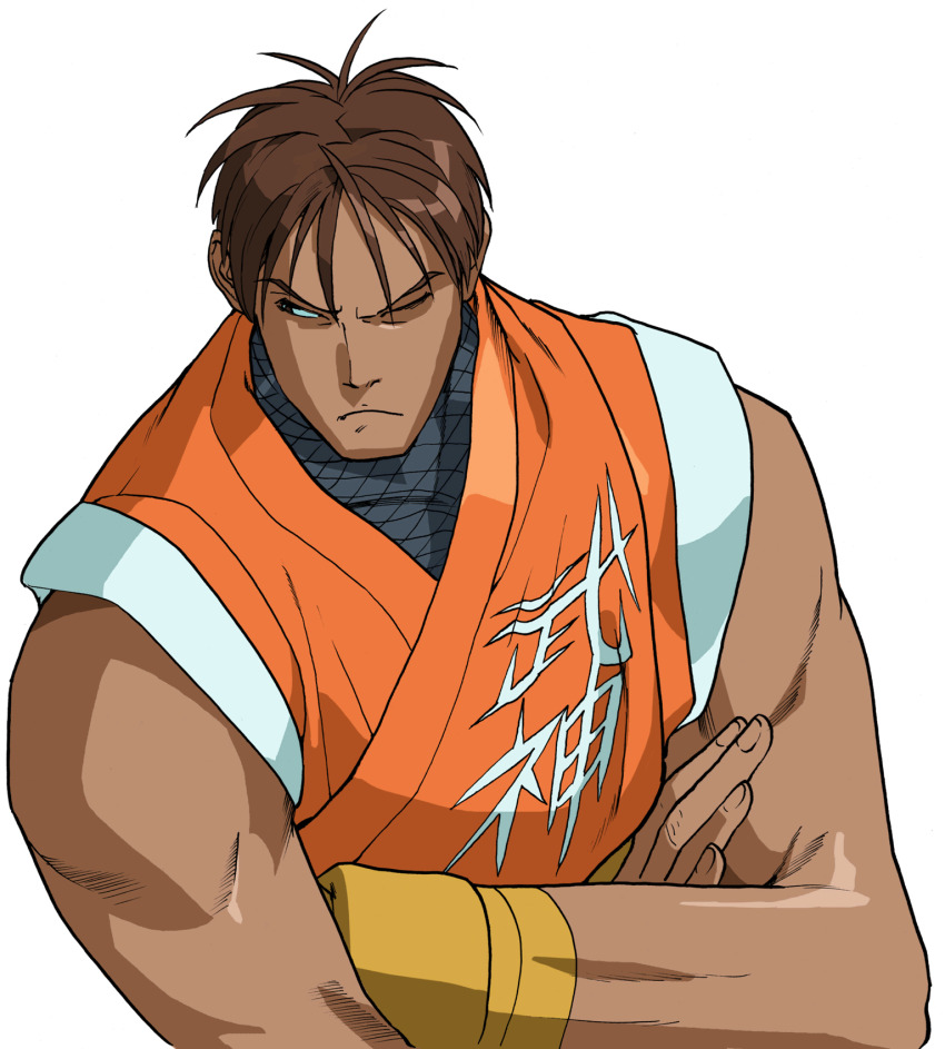 1boy bengus brown_eyes brown_hair crossed_arms dougi frown game_cg guy_(final_fight) highres male_focus muscular muscular_male ninja non-web_source official_art one_eye_closed portrait serious short_hair sideways_glance simple_background solo street_fighter street_fighter_zero_(series) upper_body v-shaped_eyebrows white_background