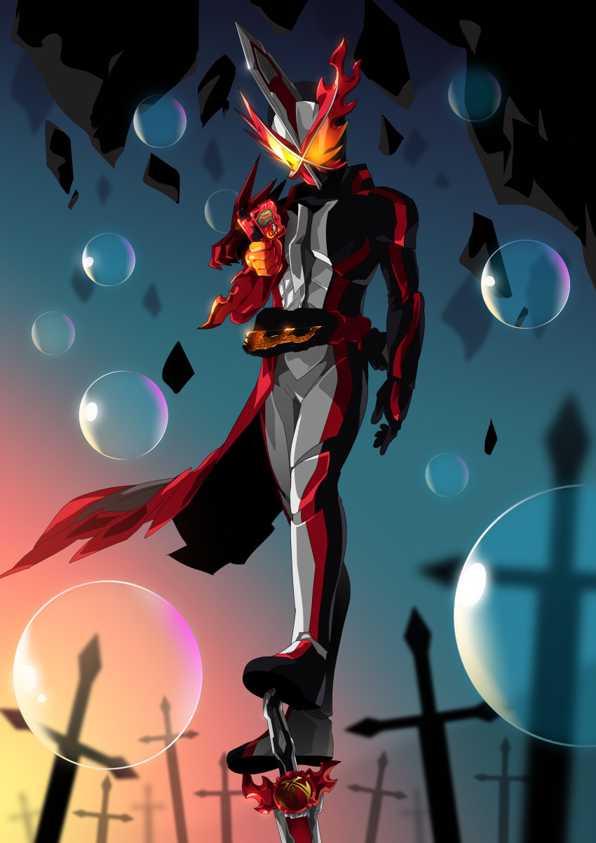 1boy absurdres armor asymmetrical_armor black_gloves brave_dragon bubble dragon dragon_horns fire gloves glowing glowing_eyes helmet highres holding horns kaenken_rekka kamen_rider kamen_rider_saber kamen_rider_saber_(series) knight male_focus otokamu planted planted_sword planted_weapon reading rider_belt solo standing_on_sword sword tokusatsu weapon wonder_ride_book yellow_gloves