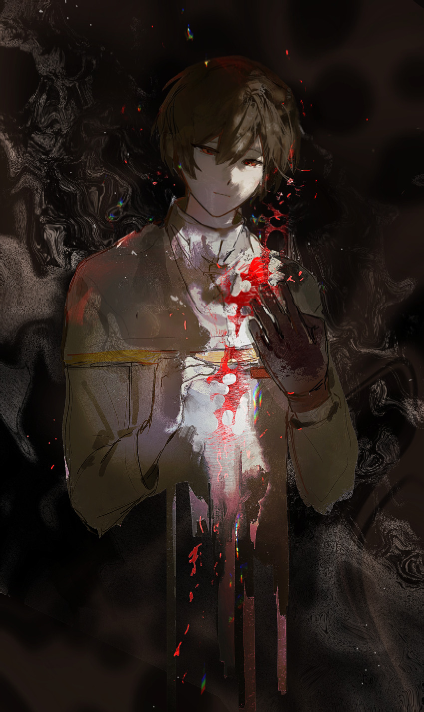 1boy absurdres brown_eyes brown_gloves brown_hair capelet chinese_commentary closed_mouth commentary_request expressionless fire gloves gold_trim hair_between_eyes hands_up heibaihuabing highres jabuchi_you long_sleeves male_focus melting red_fire revision saibou_shinkyoku shirt short_hair single_glove solo white_capelet white_shirt