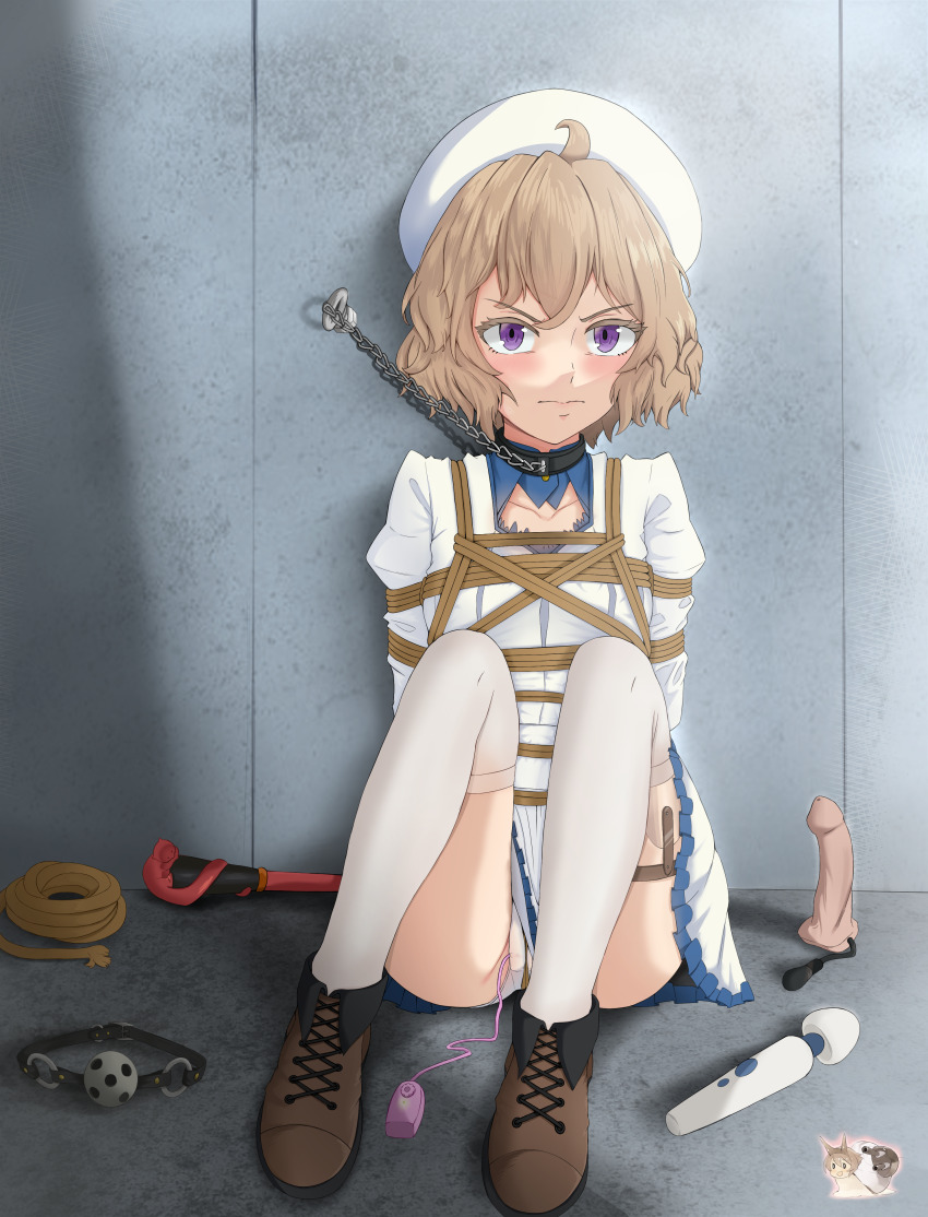 1girl absurdres ahoge arms_behind_back ass ball_gag bdsm blue_trim blush bondage bound bound_arms bound_torso breasts brown_hair cane chain chain_leash cleft_of_venus clothes_lift collar collarbone collared_dress commission dildo dress female_focus gag glaring hat highres hitachi_magic_wand human_trafficking indoors inflatable_dildo iwanaga_kotoko juliet_sleeves kantai_collection kidnapped kidnapped_girl kidnapping kyokou_suiri layered_dress leash light_brown_hair long_sleeves looking_at_viewer mutsu_(kancolle) mutsu_(kantai_collection) mutsu_(snail) no_escape panties petticoat pleated_dress prosthesis prosthetic_leg puffy_long_sleeves puffy_sleeves purple_eyes pussy pussy_juice pussy_peek rope sex_toy shibari shibari_over_clothes shoes skindentation skirt slave small_breasts solo stone_floor stone_wall tetsuffy_(tetsulul) thighhighs thighs this_is_your_life_now underwear upskirt vibrator vibrator_cord vibrator_under_clothes vibrator_under_panties wet wet_clothes wet_panties white_dress_shirt white_panties worried worried_look