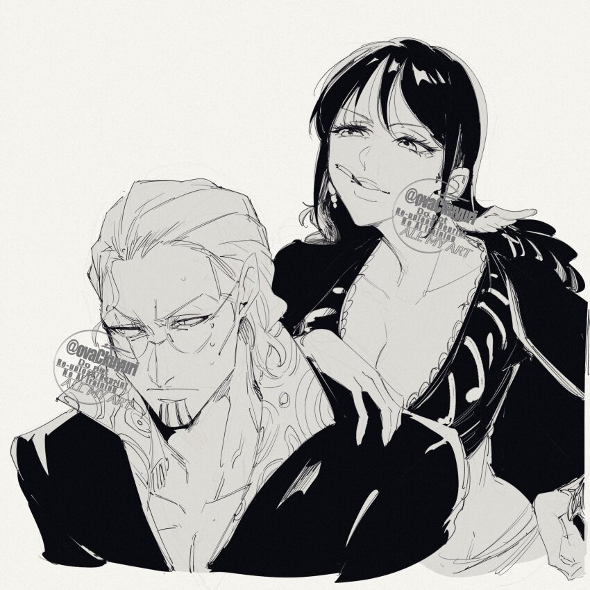 1boy 1girl cigarette closed_mouth commentary_request eyelashes facial_hair glasses goatee greyscale hair_slicked_back hand_on_own_hip highres long_hair monochrome one_piece ovasayuri scar scar_across_eye scar_on_face shakuyaku_(one_piece) silvers_rayleigh simple_background sweatdrop twitter_username