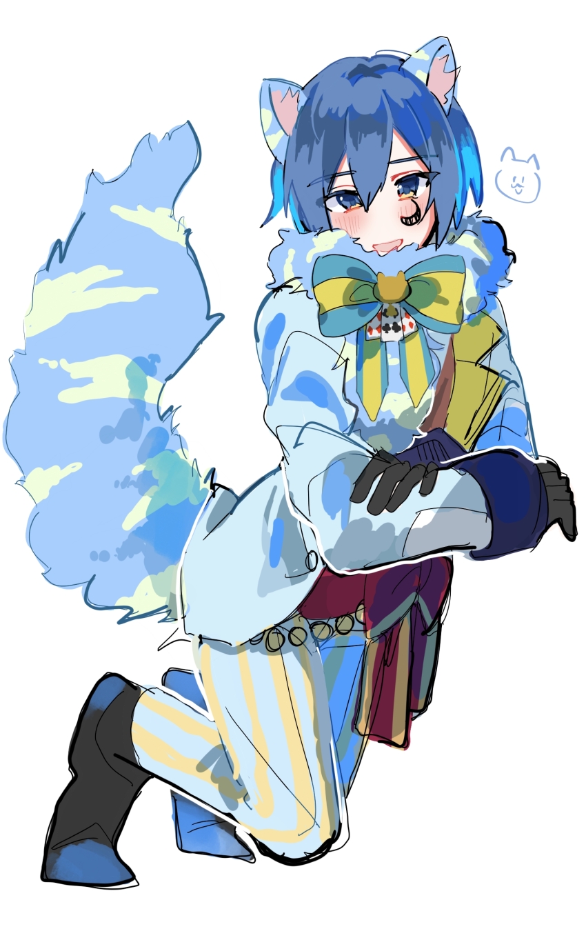 1boy absurdres animal_ears black_gloves blue_eyes blue_hair blush cat_boy cat_ears cat_tail coat commentary full_body fur-trimmed_coat fur_trim gloves hair_between_eyes happy highres kaito_(vocaloid) kneeling long_sleeves looking_at_viewer male_focus open_mouth pants project_sekai short_hair sketch smile striped_clothes striped_pants susuki_(pixiv_99838945) tail vertical-striped_clothes vertical-striped_pants vocaloid white_background winter_clothes wonderlands_x_showtime_(project_sekai) wonderlands_x_showtime_kaito