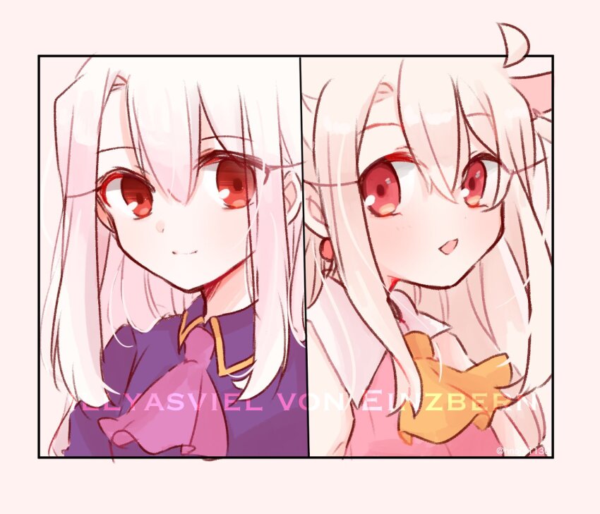 2girls ascot close-up dual_persona fate/kaleid_liner_prisma_illya fate/stay_night fate_(series) highres illyasviel_von_einzbern long_hair magical_girl multiple_girls prisma_illya purple_shirt red_eyes saihara shirt sketch smile white_hair